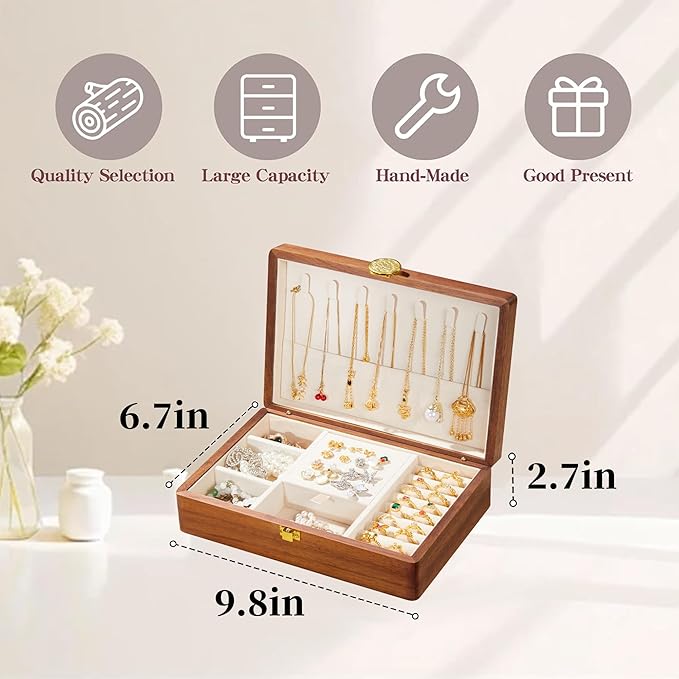 Travel Jewelry Case Small Wood Jewelry Organizer Jewelry Box for Women (Nut-Brown Print E)