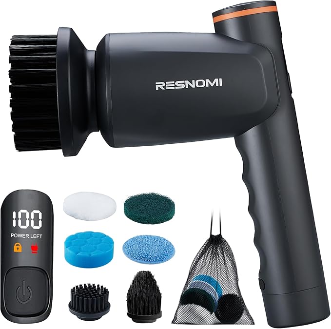 Electric Spin Scrubber, Bathroom Shower Scrubber with LCD Display, 2 Speeds Electric Scrubber for Cleaning with 6 Replaceable Heads, 4-Hour Runtime‌, Cleaning Brush for Kitchen/Car, Gray-Black