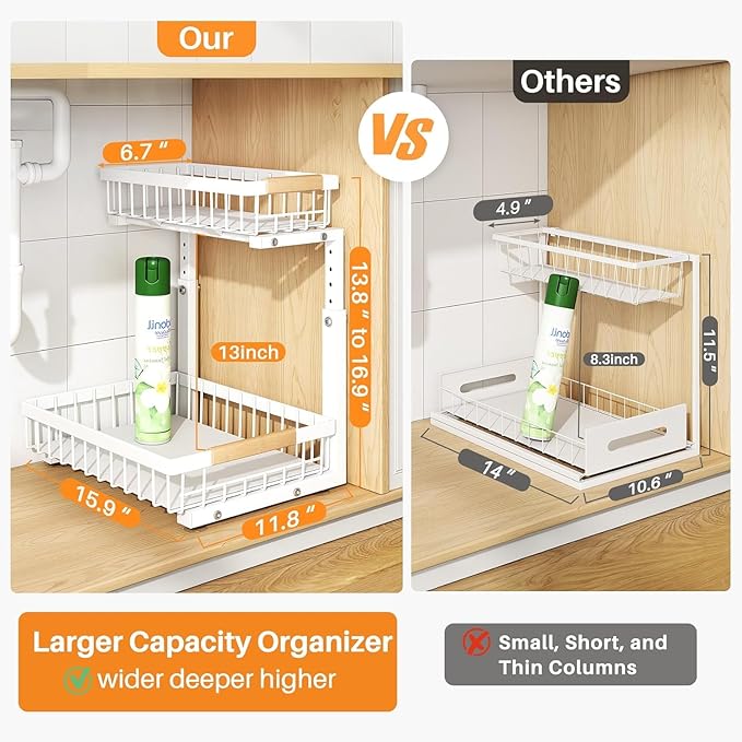 PXRACK Under Sink Organizer, Adjustable Height, 2 Tier Pull Out Under Cabinet Organizer, Slide Out Thickened Metal Under Sink Storage for Kitchen Bathroom Laundry Pantry Cabinet,1-Pack, White