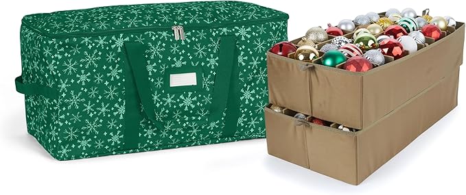 Covermates Keepsakes Adjustable Ornament Storage Bag – Heavy-Duty Polyester, Padded Dividers & FlexGrid Trays – Protective Holiday Ornament Organizer with Handles & Label Window, Green Snowflake