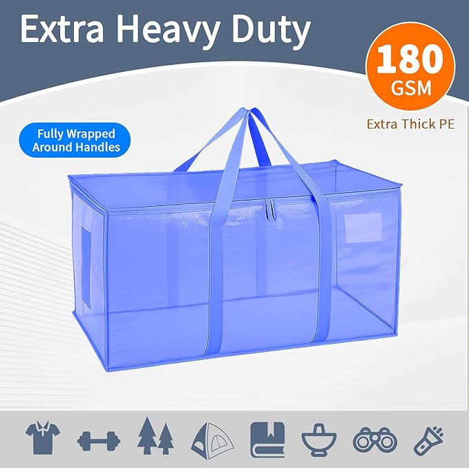 8 Pack-Extra Large Heavy Duty Moving Bags - Waterproof Storage Totes with Handles & Zippers, Foldable for College Dorm, Storage (Blue)