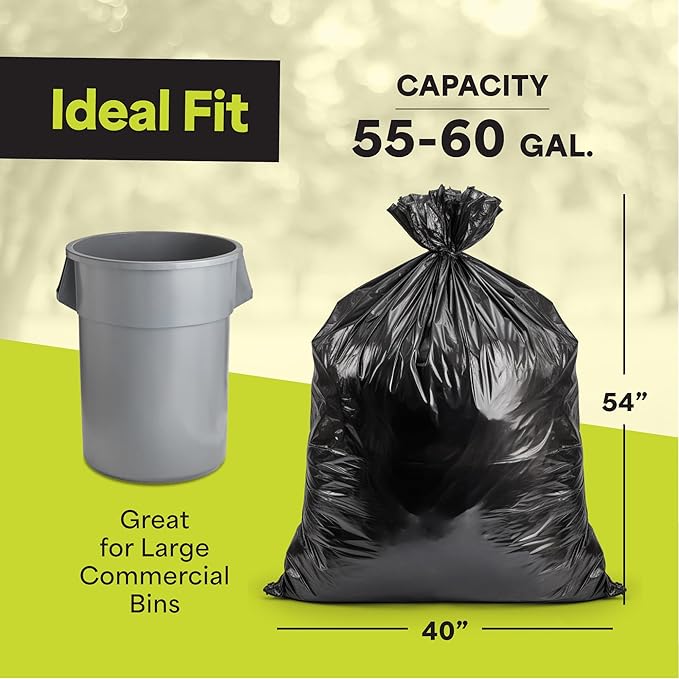 EconoHome Commercial 55-60 Gallon Garbage Bags - High Density Extra Large Trash Bags - 40x54" 17 Micron - Industrial Plastic Can Liners for Light Waste - Made in the USA - Bulk 150-Count, Black