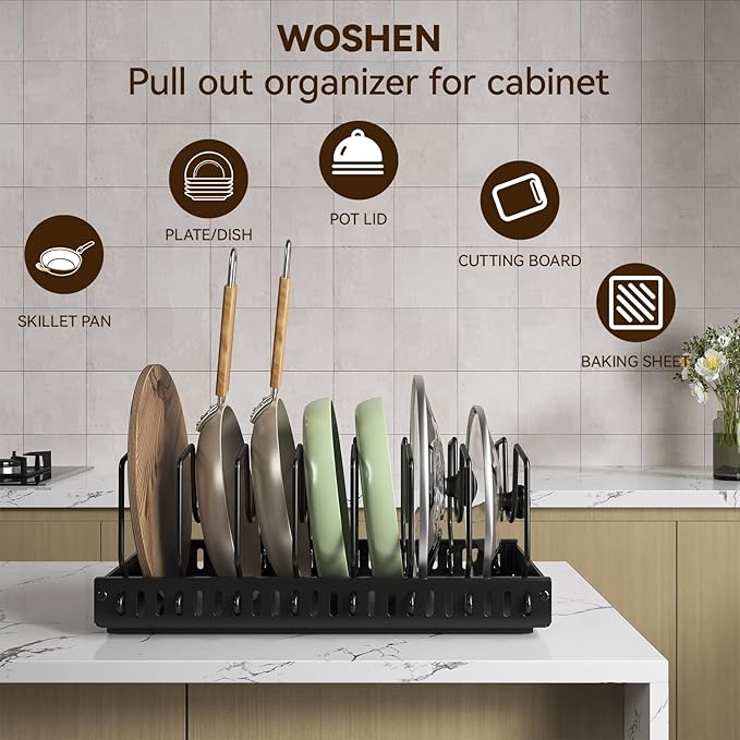 WOSHEN Pots and Pans Organizer Under Cabinet, Pull Out Pots and Pans Organizer, Expandable Sliding Lid Holder and Pan Rack for Pot Lid, Bakeware, Dishes, 10 Adjustable Dividers