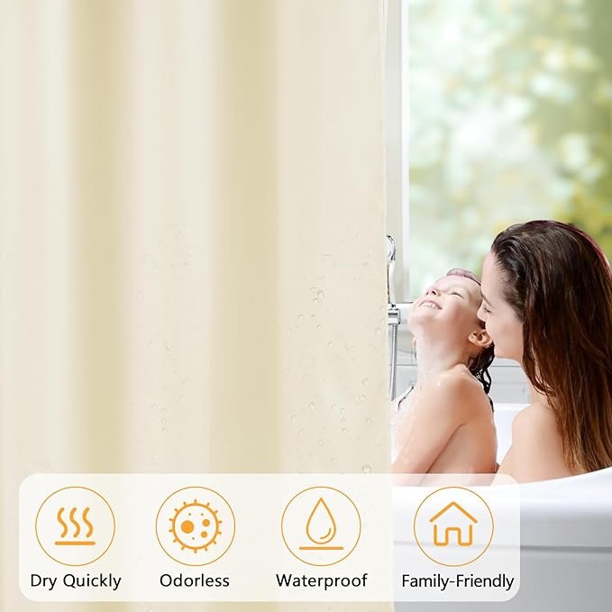 Waterproof Fabric Shower Curtain Liner with 3 Extra-Large Magnets, 72 x 72 inch Washable Cloth Shower Liner Elegant Hotel Quality, Neutral Cream Lightweight Shower Curtain for Bathroom