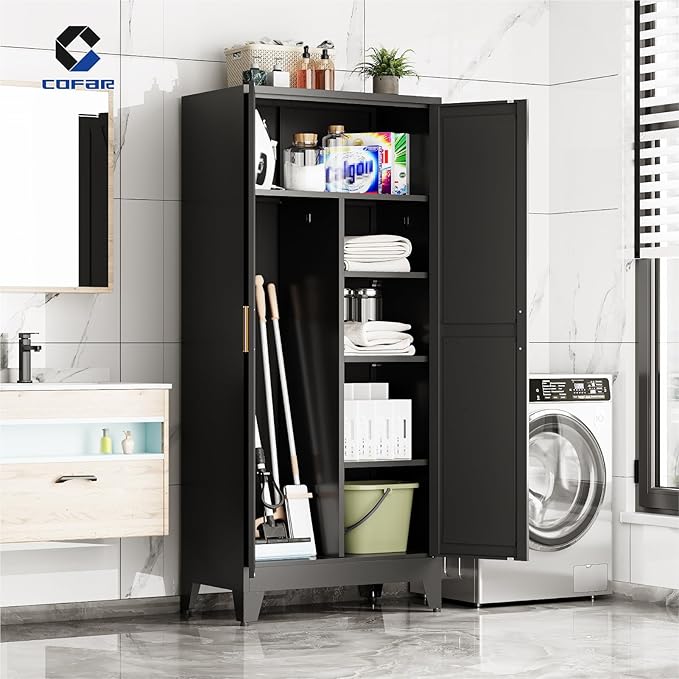 COFaR Metal Wardrobe Closet, 71'' Tall Steel Bedroom Armoire with Adjustable Hanging Rod and Shelves, Broom Closet Storage Cabinet for Garage Laundry Office, Farmhouse Black