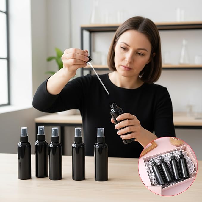 SHENLIU 30 Pack Black Empty Spray Bottles 4oz with Cap, Plastic Fine Mist Spraying Bottles Portable Small Refillable Sprayer Liquid Container for Perfume Cleaning Essential Oil