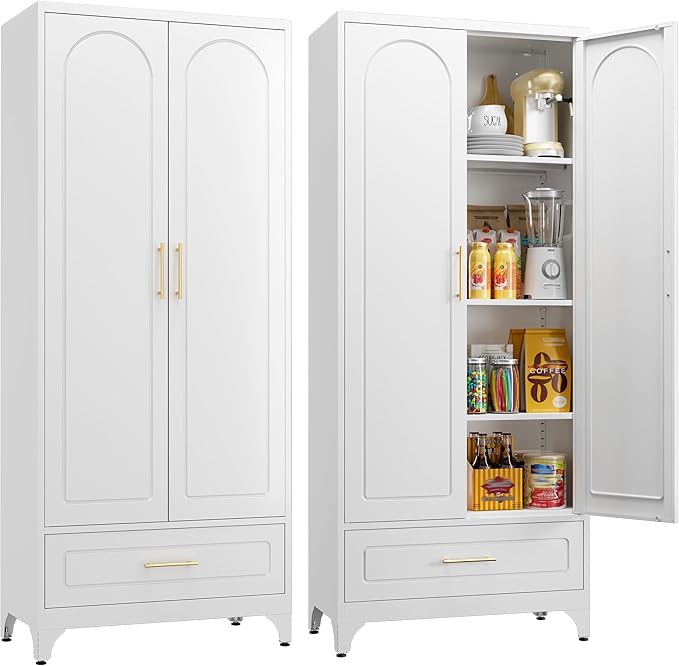 Metal Storage Cabinet with Doors and Shelves, 75" Tall Kitchen Pantry Storage Cabinets with Drawer, White Pantry Cabinet, Steel Office Cabinets, Large Cupboard - Assembly Required