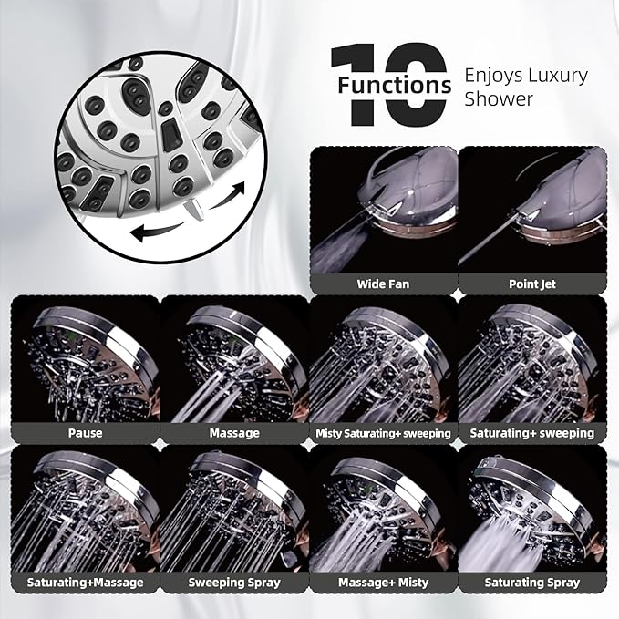 Shower Head,10 Functions High Pressure shower head with handheld, Built-in Pause Mode & Power Wash, Non-Clogging Nozzles High Flow Hand Held Shower Head, Leakproof 6ft Hose&Adjustable Bracket