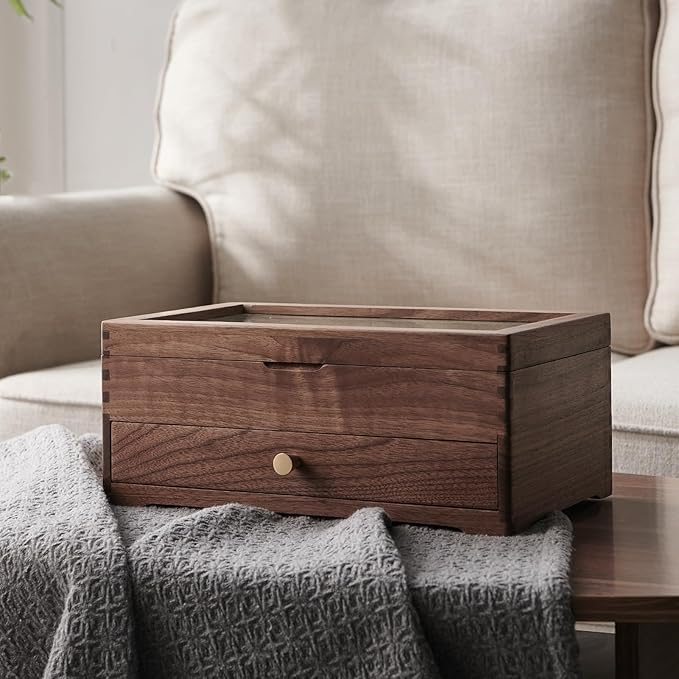 Beexchange Black Walnut Wooden Jewelry Box - Allwood, Handcrafted, Glass Lid 1 drawer. Gift for Women, Men, and Girls. Jewelry Organizer Storage(Double-Layer)