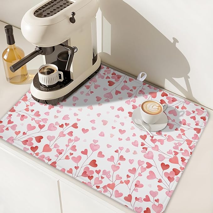 Valentines Day Dish Drying Mat for Kitchen Counter 24x18 Inch Love Drying Mat with Absorbent Reversible Microfiber Pink Heart Dish Drainer Mats Rack Pad for Coffee Countertop Protector