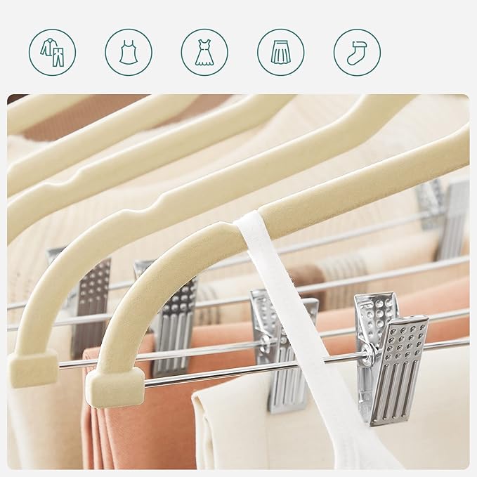 SONGMICS 30 Pack Pants Hangers, 16.7 Inches Long Velvet Trousers Hangers with Adjustable Clips, Heavy-Duty, Non-Slip, Space-Saving for Pants, Skirts, Coats, Dresses, Tank Tops, Sandy Beige UCRF012M30