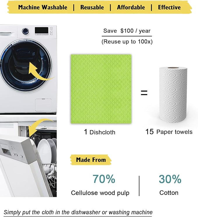MoLKENE Swedish Dishcloths for Kitchen | 10 Pack Absorbent Cellulose Sponge Cloths Washable | Non-Scratch Reusable Paper Towels Quick Drying Cleaning Rag - Lime Green