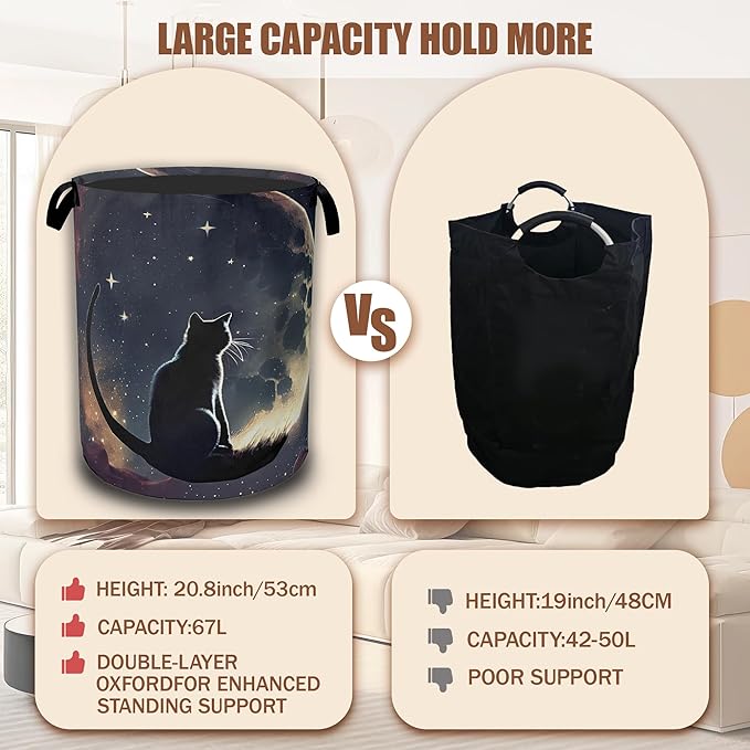 Black Cat Laundry Hamper,Moon Night Collapsible Laundry Baskets Waterproof Oxford Cloth With Handles,Clothes Storage Bucket Toy Organizer For Bathroom/Nursery/Bedroom 16" x 20.8"