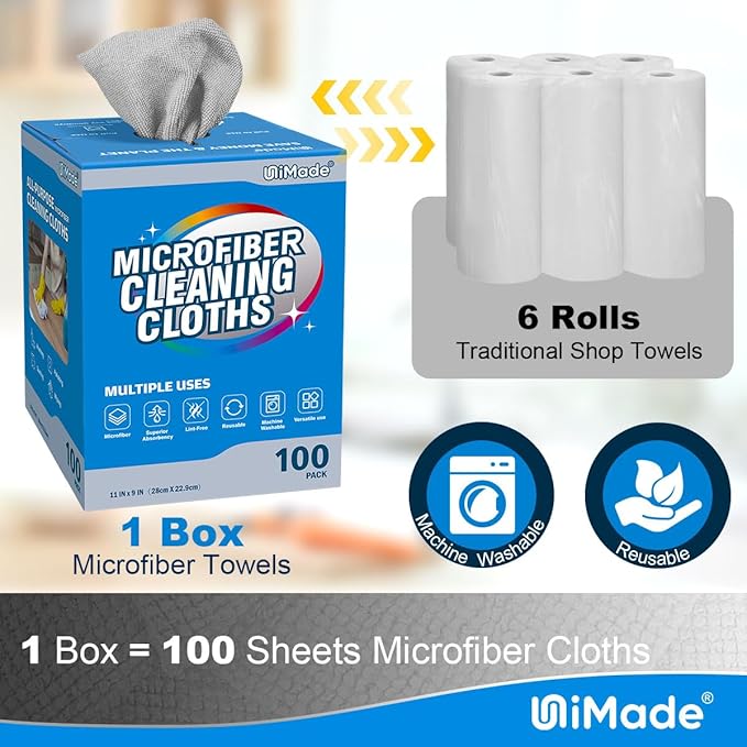 UNIMADE Microfiber Cleaning Cloth, 100 Sheets Microfiber Towels for Cars Commercial Grade Washcloths Lint-Free Bulk Shop Towel Cleaning Rags for Mechanic Restaurant Garage Housekeeping, 11"x 9", Grey