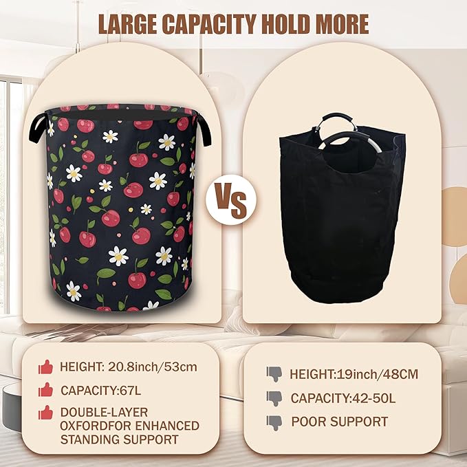 Laundry Hamper,Cherry Collapsible Laundry Baskets Waterproof Oxford Cloth With Handles,Clothes Storage Bucket Toy Organizer For Bathroom/Nursery/Bedroom 16" x 20.8"