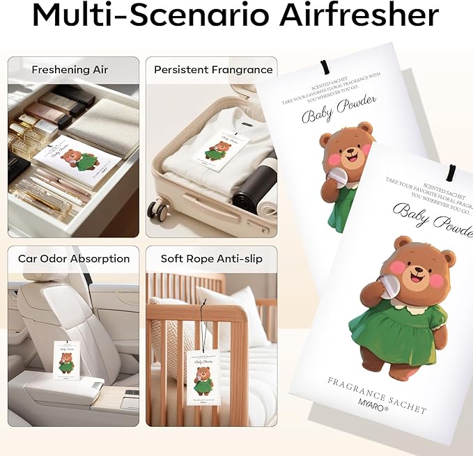 MYARO 12 Packs Baby Powder Scent Sachets Room Air Freshener for Closet Drawer Clothes Storage Small Space Odor Eliminator