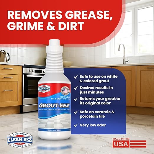 Clean-eez Grout-eez Tile Cleaner with Handheld Brush – 32 oz Heavy-Duty Stain Remover for Ceramic and Porcelain Surfaces – Safe for Colored Grout – Not for Natural Stone – Bathroom & Kitchen Use