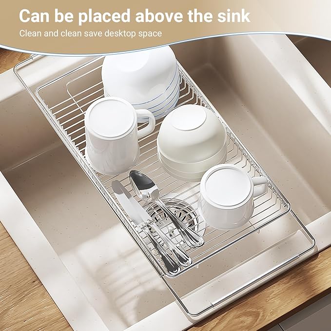 TABABAO Expandable Over The Sink Dish Drainer Drying Rack, Stainless Steel Metal, Small Adjustable Dish Drainer Drying Rack for Kitchen Counter, Space Saving for Compact Kitchen