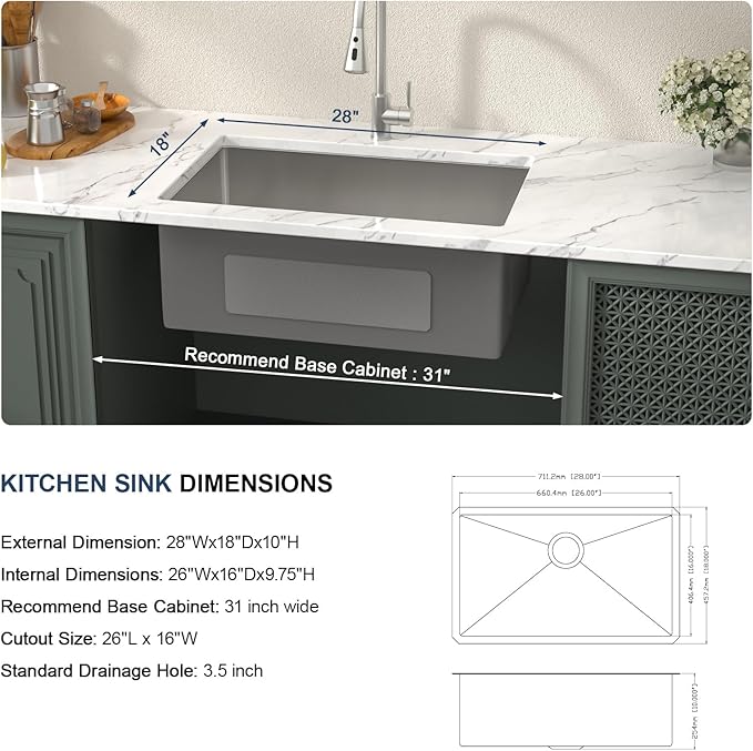 Lordear 28 Kitchen Sink Undermount 16 Gauge Stainless Steel Single Bowl Under Counter Handmade Kitchen Sink Basin, 28"x18"x10"