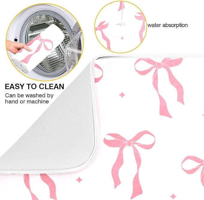 Pink Bow Bowknot Dish Drying Mat for Kitchen Countertop 16x18 Rectangle Small Drying Mat Reusable Quick Dry Dish Sink Absorbent Mats Dishwasher Easy Clean Decorative Home Decor Essentials