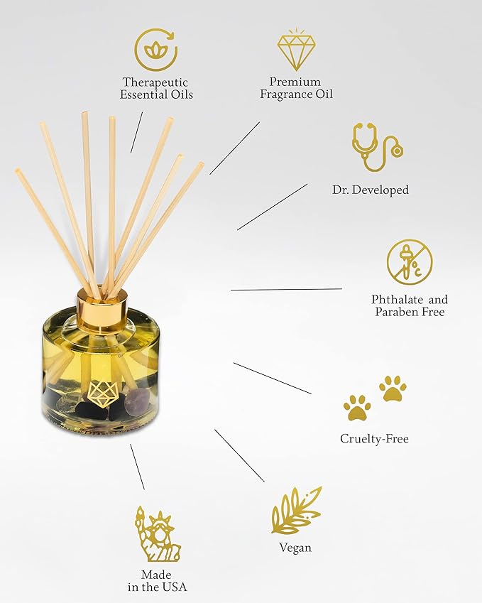 Crystal Infused Reed Diffuser, 4 OZ, Energy - Red Carnelian Crystal Infused - Scents of Lemon, Grapefruit, & Bergamot - Home Decor, House Warming, Room, Stick Perfume, Coffee Table
