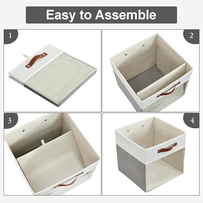 Storage Cubes, 4 Pack Linen Foldable Storage Bins (13 x 13 inch) with Clear Window and 2 Handles, Closet Organizers and Storage for Shelf Closet, Clothes, Books - (Gray and White)