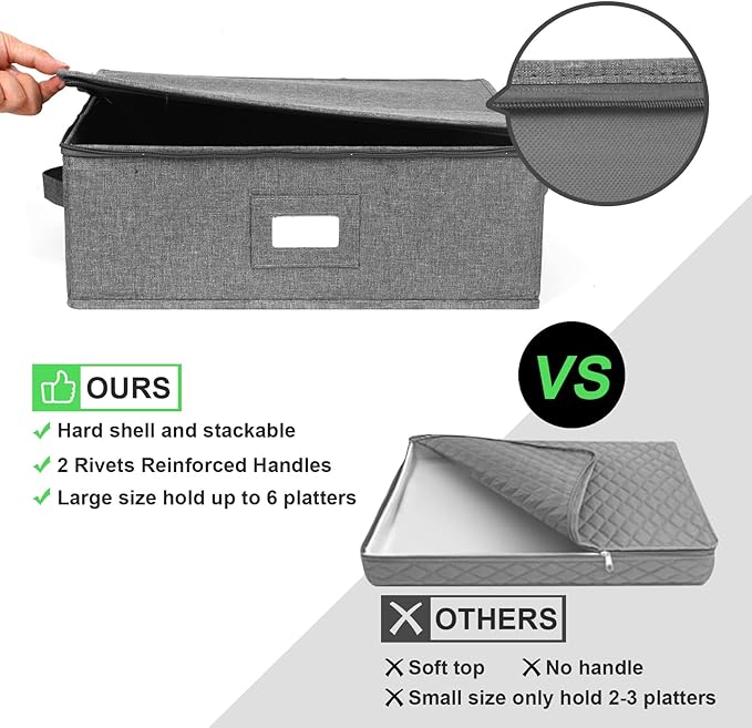 popoly Platter Storage Case, China Storage Containers Hard Shell 17" x 13" x 6", 5 Felt Dividers Included, Structured Top and Stackable (Linen Grey)