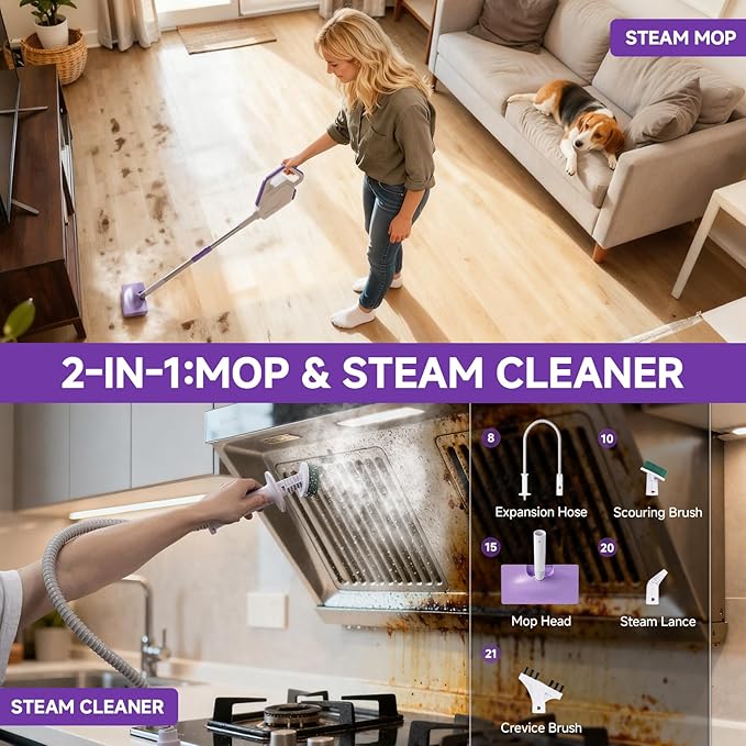 AAOBOSI Steam Mop, 1300W Powerful Detachable Handheld Steamer with 350ml Tank, 11 Multi-purpose Accessories, 23FT Power Cable, Steam Mops for Floor Cleaning, Tiles, Windows, Carpets, Furniture