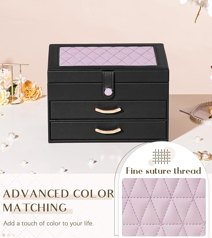 Black Jewelry Box Organizer: Home Decor for Women - 2-Drawer Holder for Valentine’s Day Birthday Gift Black Grey-Purple