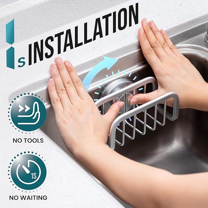 TAILI Sponge Holder for Kitchen Sink with Strong Suction Cup, Removable Sponge Holder, Rustproof Aluminum Sink Caddy for Sponges, Dish Brush - Silver