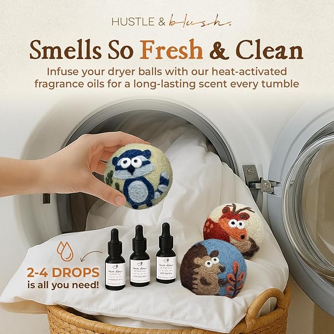 Hustle & Blush Fluff Ewes Wool Dryer Balls 3 Pack - Extra Large Hedgehog and Homies Premium Hand Needled New Zealand Laundry Set, Reduces Drying Time, Static Control, Chemical Free Reusable