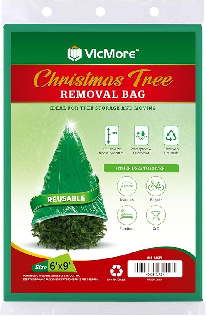VicMore Christmas Tree Disposal & Removal Bag (9x6 ft) – Heavy-Duty, Tear-Resistant, Odorless PE Cover for Real or Artificial Xmas Trees – Extra Large, Dustproof & Multi-Use, Green
