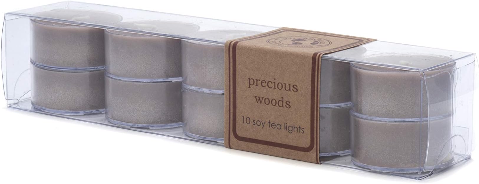 ECO CANDLE CO. Tea Light Candles, Precious Woods, 10-Pack - Scents of Smoked Wood, Nutmeg, Musk, & Ylang - Recyclable, 100% Soy Wax, No Lead, Hand Poured, Midwest Grown Soybeans, .6 oz. Each