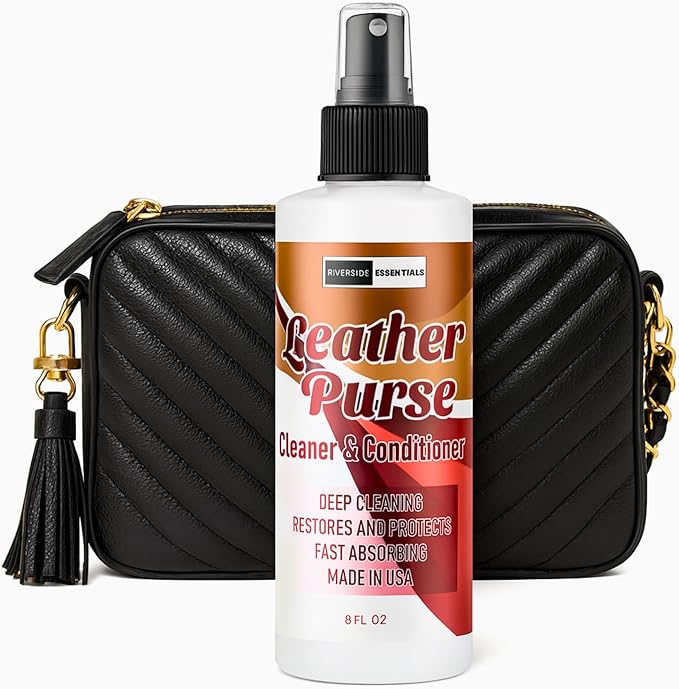 Riverside Essentials 8oz Leather Purse Cleaner & Conditioner – 3-in-1 Spray for Handbags, Designer Bags & Luxury Purses – Deodorizes, Cleans, Conditions & Restores Leather – Safe on Finishes