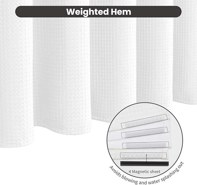Inhousolu No Hook Waffle Weave Shower Curtain with Removable Snap in Fabric Liner Set for Bathroom, 230 GSM Heavy Duty Weighted Hem, Water Repellent Washable Bath Curtains, 72 x 72 Inch, White