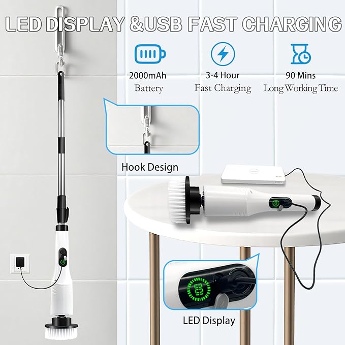 Spin Scrubber,9-In-1Multifunctional Cleaning Brush with Detachable Handle,9 Replaceable Brush Heads&LCD Display,Rechargeable Electric Spin Scrubber for Bedroom,Bathroom,Kitchen,Car