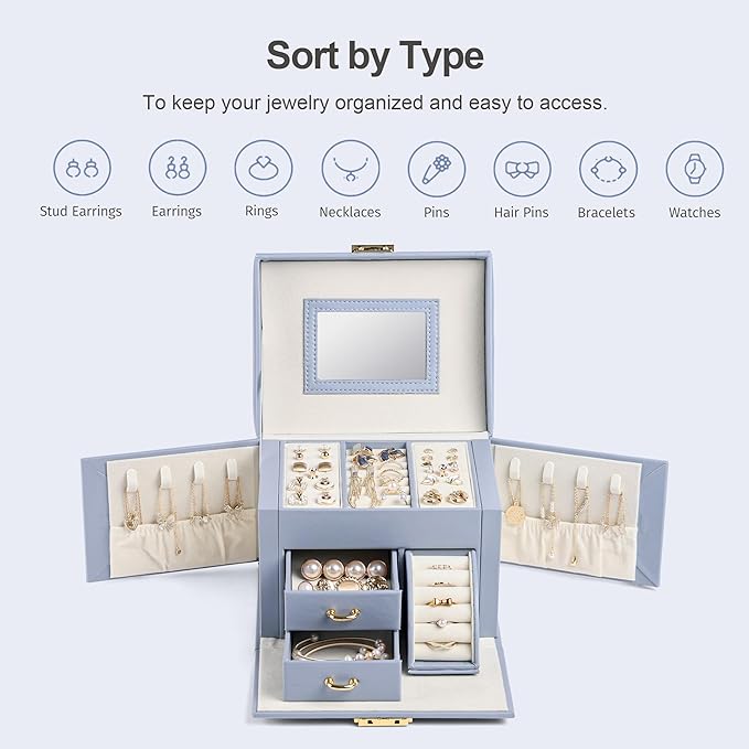 CASEGRACE Jewelry Box Organizer for Women Girls, Three Layer Jewelry Storage Box with Mirror PU Leather Jewelry Display Case for for Bracelets, Earrings, Rings, Necklaces,Blue