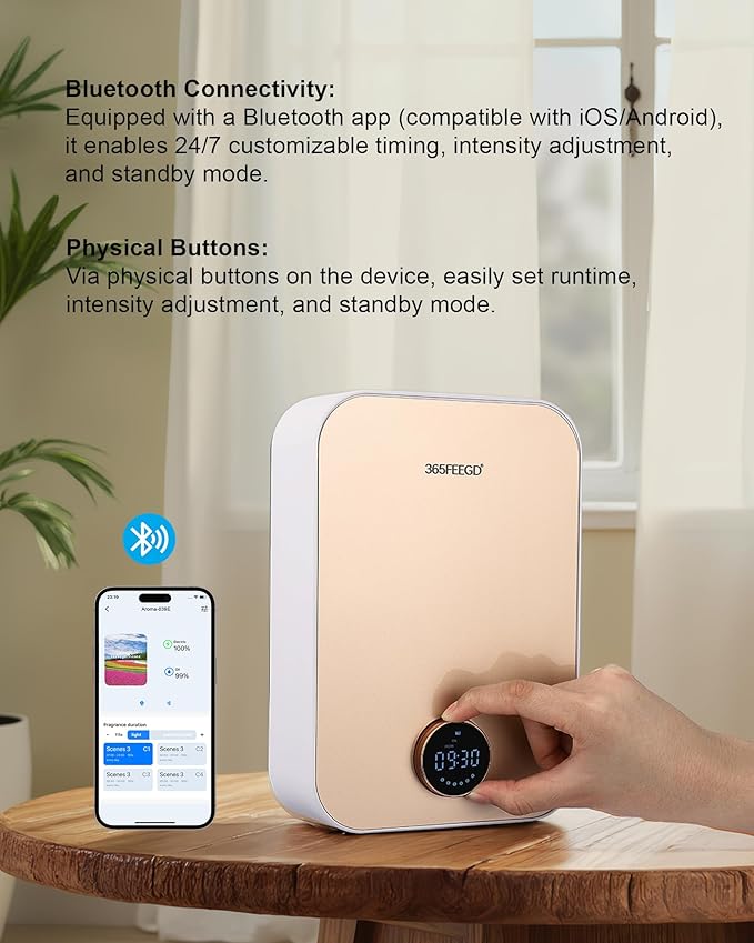 Home Diffuser|150ml Large Capacity Essential Oil Diffuser|Smart Bluetooth Controlled Pure Essential Oil Diffuser|24/7 Customizable Settings (White Gold)