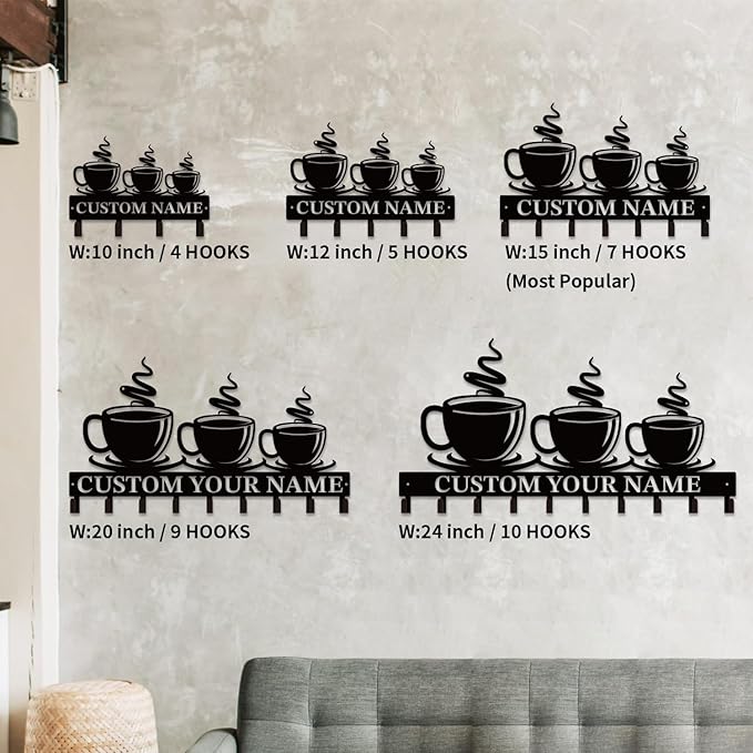 Personalized Custom Name Coffee Bar Wall Keys Hooks,Metal Coffee Shop Art Clothes Hooks,Metal Coffee Lover Wall Home Storage Decorative,For Front Door, Hallway, Kitchen, Bedroom,Keys,Hats (Style I)