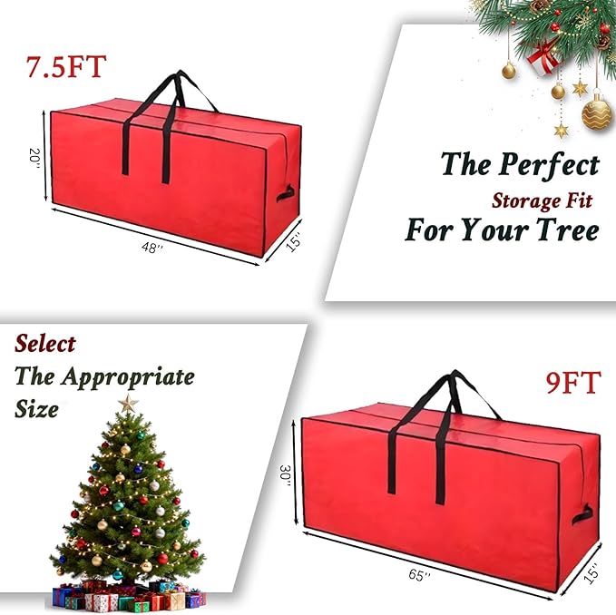 Christmas Tree Storage Bag with Double Zipper- Fits Up to 9 ft Holiday Xmas Disassembled Trees – Moisture Proof Protection for Holiday Decor,Red