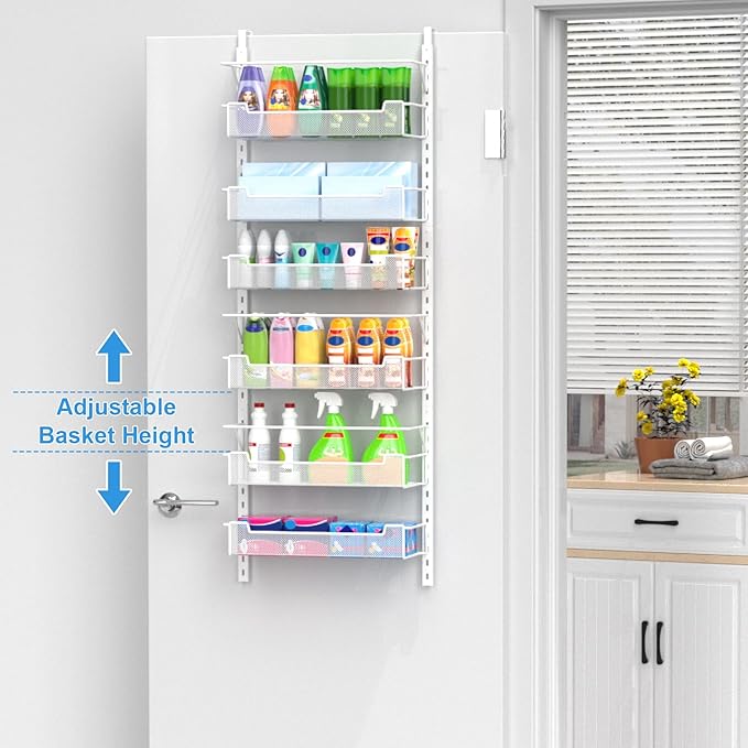 VyGrow Over the Door Pantry Organizer, 6-Tier Over the Door Organizer with Adjustable Basket, Pantry Door Organization for Pantry Kitchen Storage Room Spice Rack, White