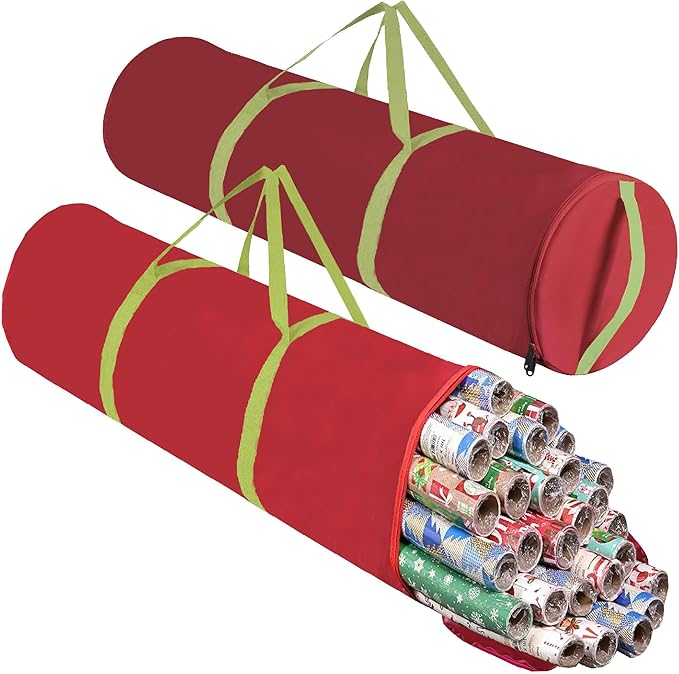OUTTDID Christmas Wrapping Paper Organizer Storage, 41" Gift Wrapping Paper Storage Containers, 600D Oxford Fabric Gift Wrap Paper Holder Fits 18-25 Rolls, with Handles and Zippered, Red