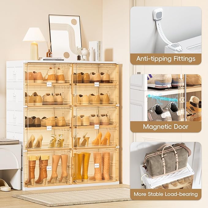 JEKO&JEKO 5-Tier Foldable Shoe Storage Box with Magnetic Doors, Large Stackable Shoe Organizer Cabinet for Entryway, Clear Front Door Shoe Boxes Hold Up to 20 Pairs (White)
