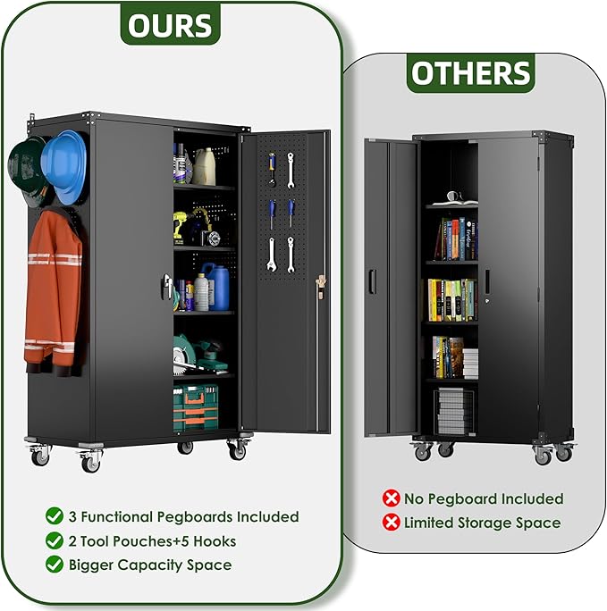 Black Metal Garage Cabinets with Wheels, 72.05” Lockable Rolling Storage Tool Cabinet with Wheels with Shelves&Pegboard&Hooks for Home Utility Room Warehouse, Assembly Required, Black