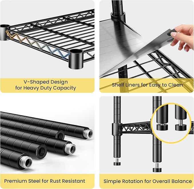 RackBro 45" W Storage Shelves 5 Tier Wire Shelving, Adjustable Metal Shelving Unit with Shelf Liners, 1875LBS Heavy Duty Storage Rack for Garage Pantry Kitchen Commercial, 45" W x 16" D x 72" H, Black