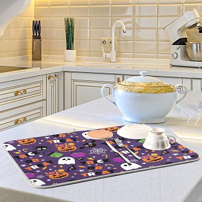 Happy Halloween Purple Pumpkin Fall Dish Drying Mat 18x24 for Kitchen Counter Trick or Treat Spooky Ghost Reversible Dishes Draining Mats Large Absorbent Fast Dry Pad Halloween Accessories