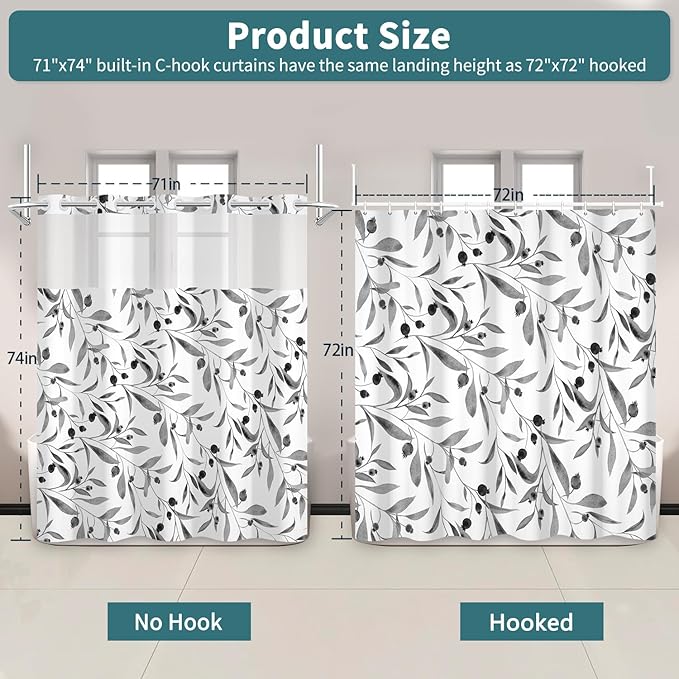 TQUQOBU No Hook Grey Leaves Shower Curtain and Liner Set, Modern Botanical Aesthetic Hotel Style Waterproof Fabric Shower Curtain with See Through Top Window, Machine Washable, 71x74 Inch