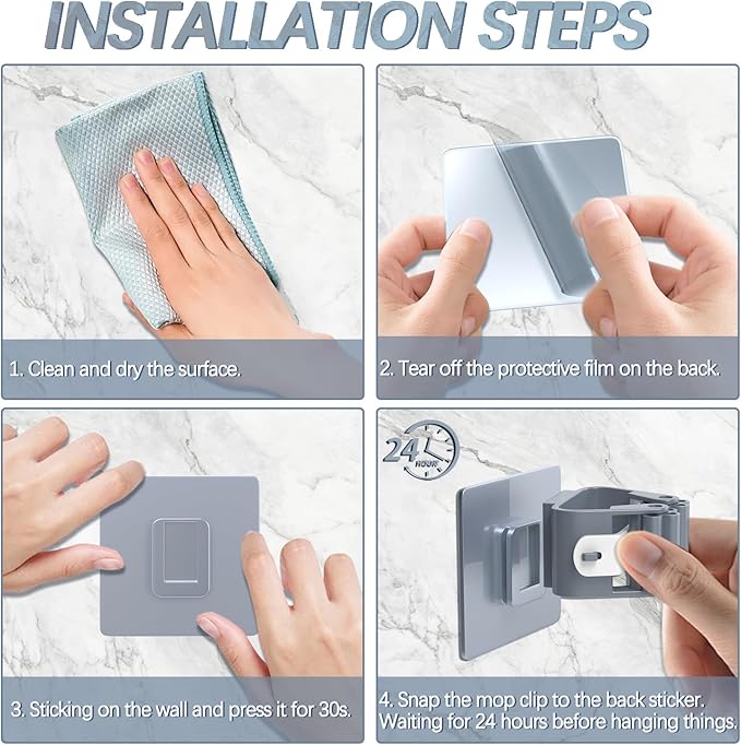 3-H 4-Pack Self Adhesive Broom Holder Wall Mount - Heavy Duty No Drill Broom Organizer for Garage Closet Kitchen, Plastic Storage Rack for Brooms Mops Tools, Peel and Stick Adhesive