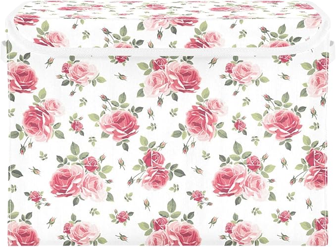 Collapsible Storage Bins with Lids, Pink Rose Flowers Floral Storage Boxes for Organizing