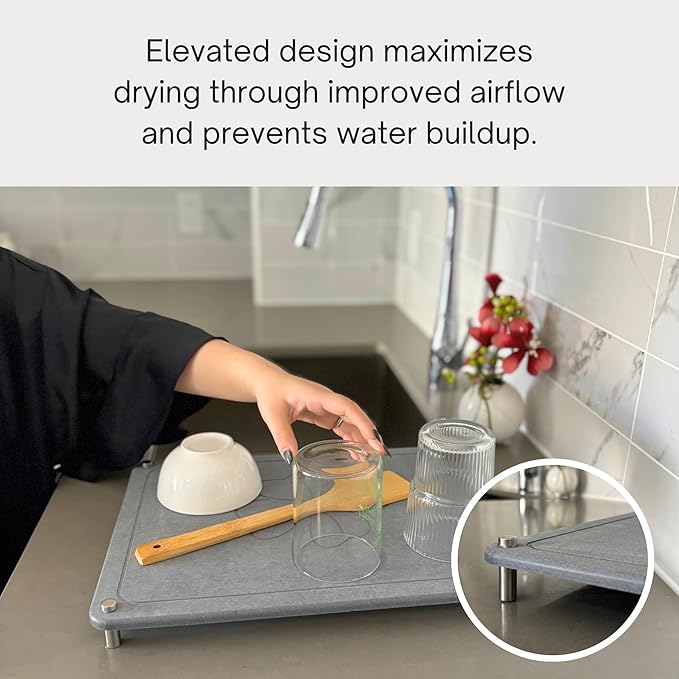 GRUZAM 2 Pcs Stone Dish Drying Mat, 2 Tier Dish Drying Stone for Kitchen Counter with Absorbent Dish Drying Mat, Stone Dish Drying Rack, Flexible Stone drying rack (Slate, 15.6" x 11.7" x 6.7")